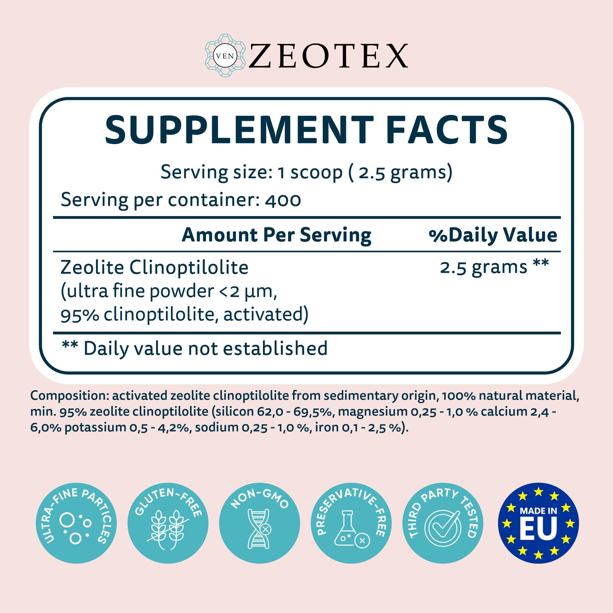 Close-up of Zeotex packaging highlights EU-sourced mineral purity and natural detox formula.