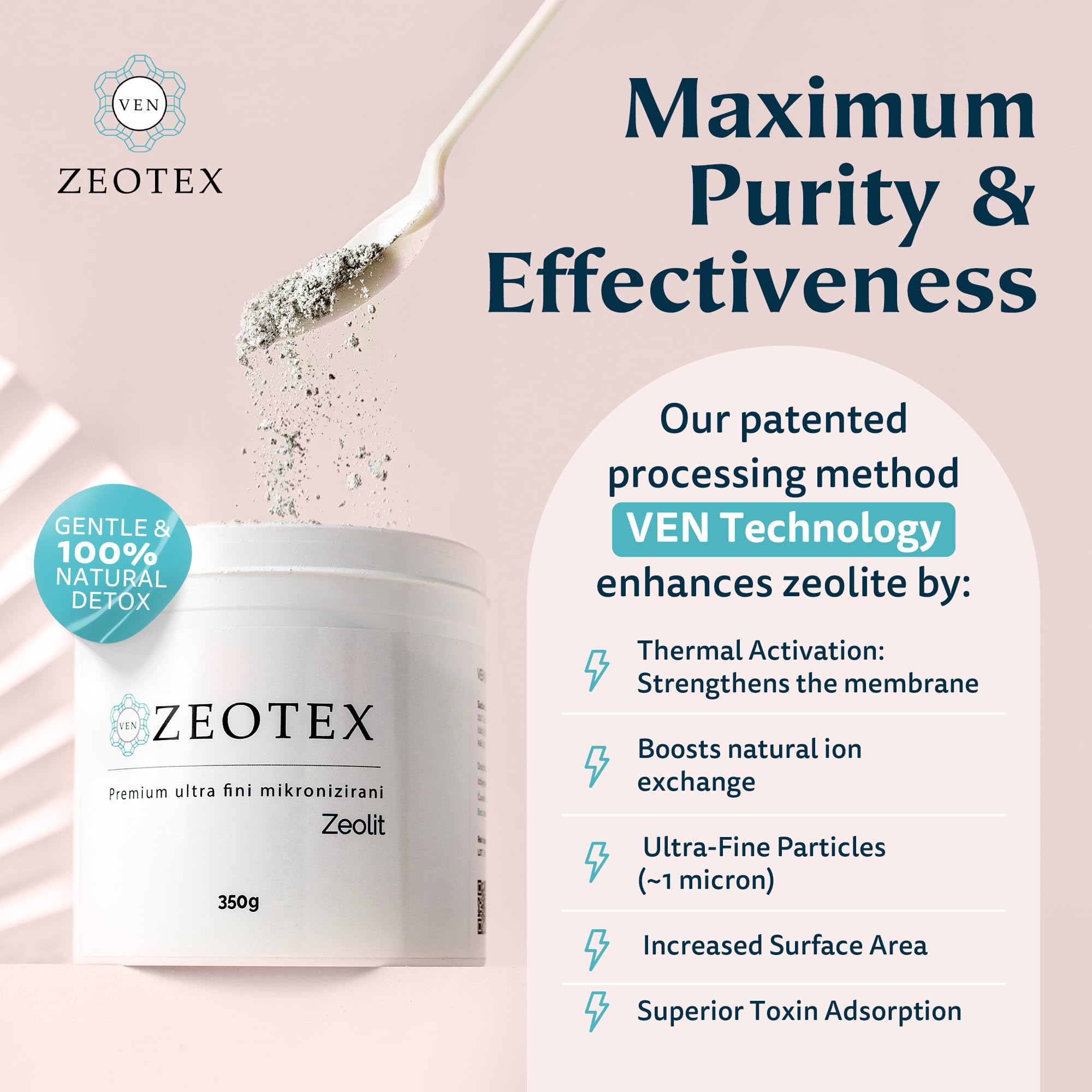Hand holding the Zeotex daily dosage scoop for simple use.