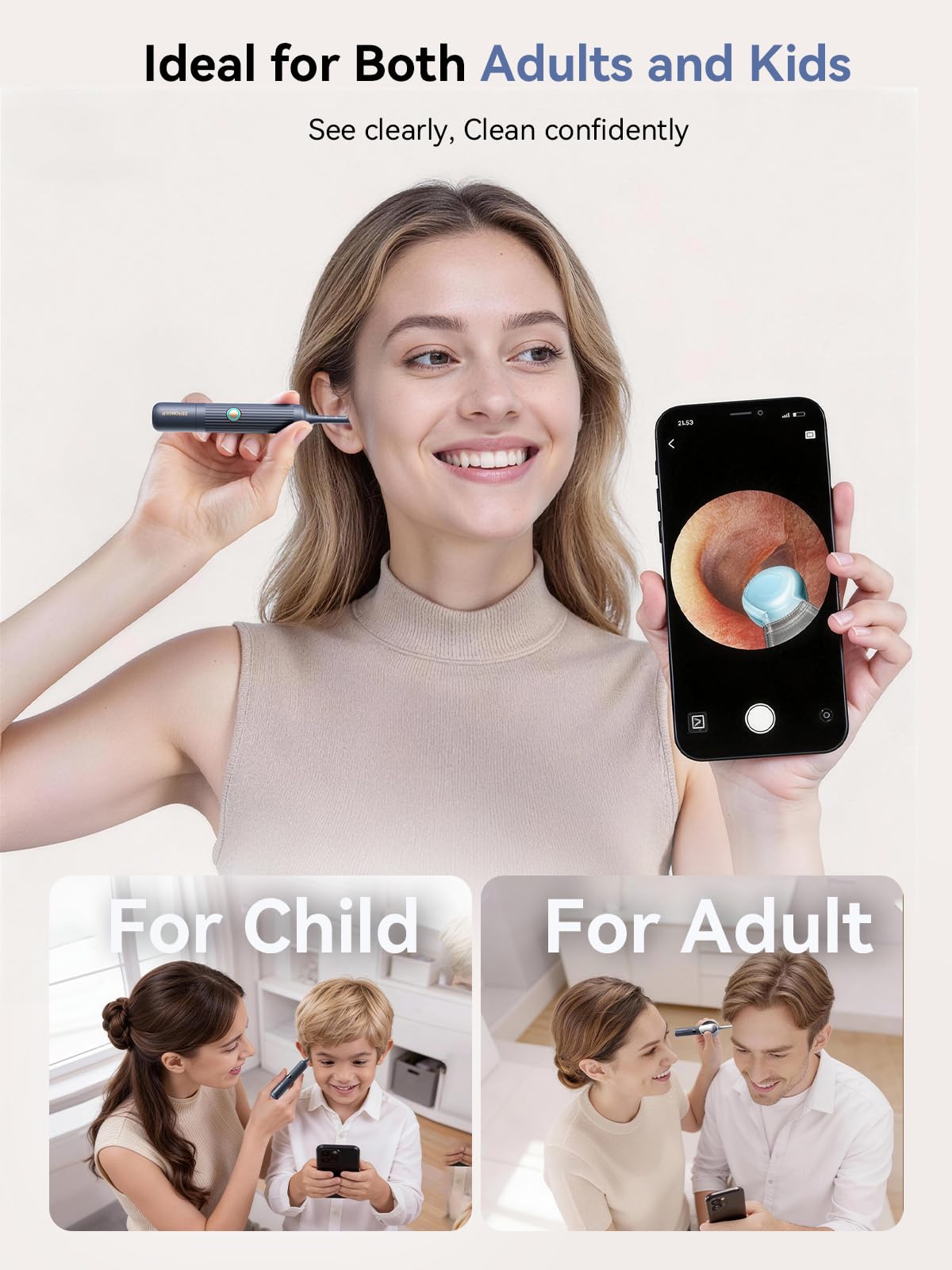 ZERONDER flexible silicone tips adapt to delicate ears for gentle cleaning