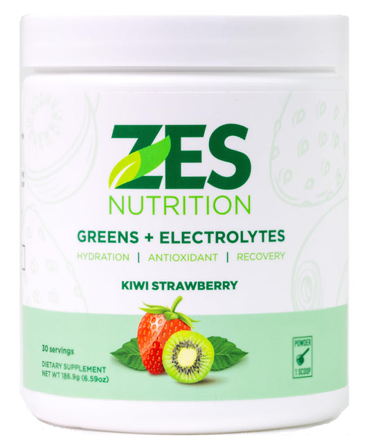 ZES Nutrition Greens + Electrolytes bottle showcases kiwi strawberry flavor for daily hydration.