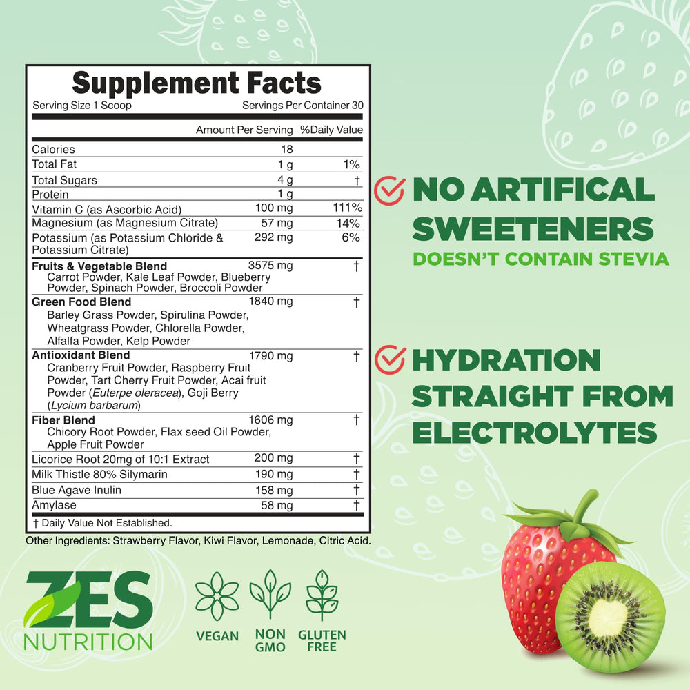 ZES Nutrition glass with kiwi strawberry smoothie illustrates tasty hydration boost.