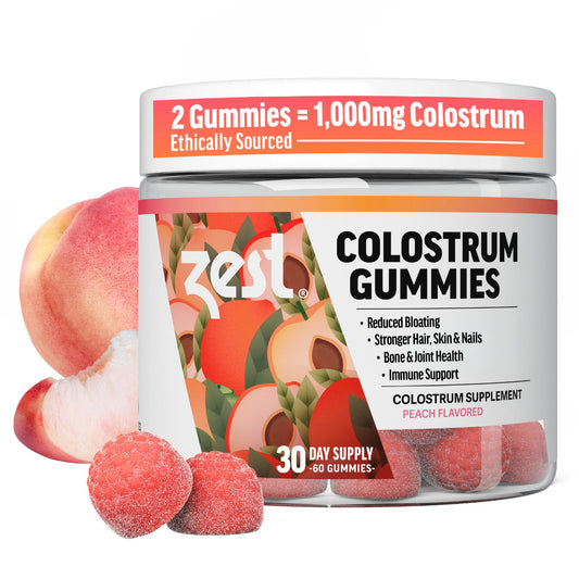 ZEST Colostrum Gummies peach close-up, highlighting chewy texture for gut health and immune support