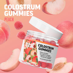 ZEST Colostrum Gummies peach pack, convenient daily dose for skin, hair, and nails