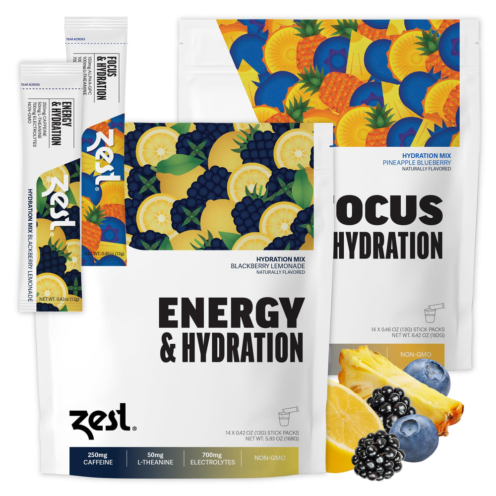 ZEST energy and focus variety pack label highlighting two blends for hydration and focus