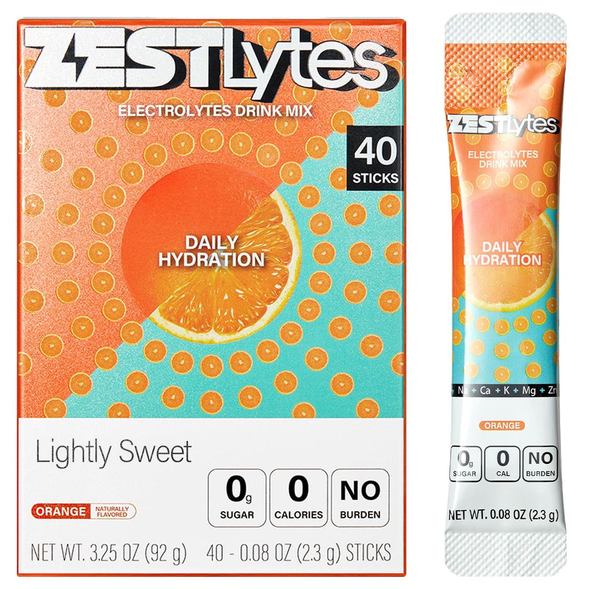 ZestLytes orange packet label, ideal for daily, zero-calorie hydration.