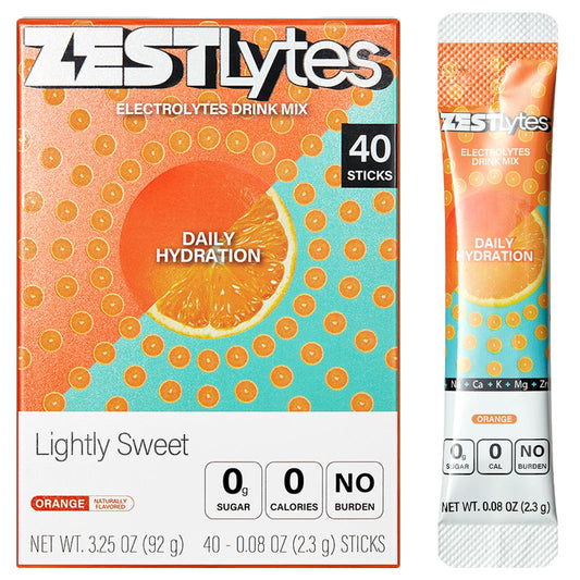 ZestLytes orange packet label, ideal for daily, zero-calorie hydration.