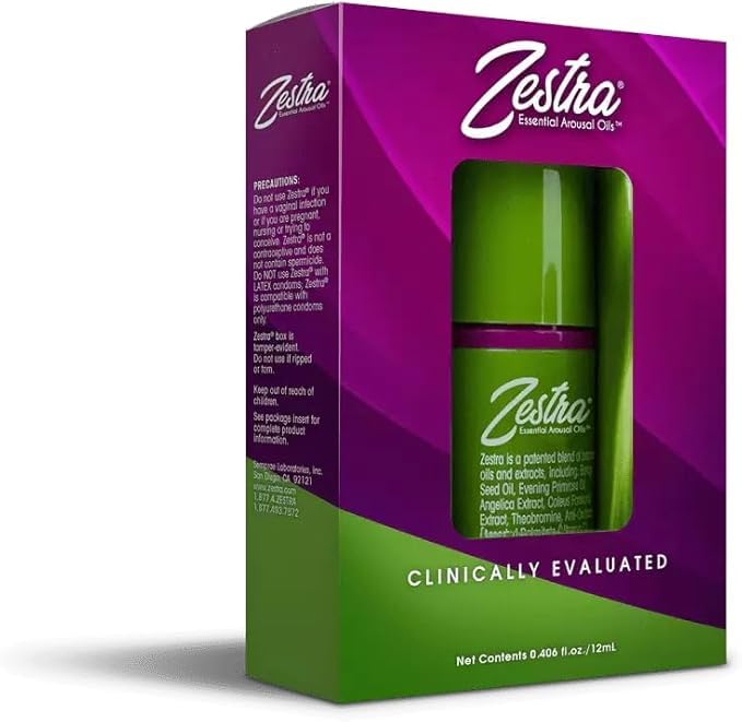 Zestra Essential Arousal Oil bottle—front view, highlighting a natural, non-hormonal formula.