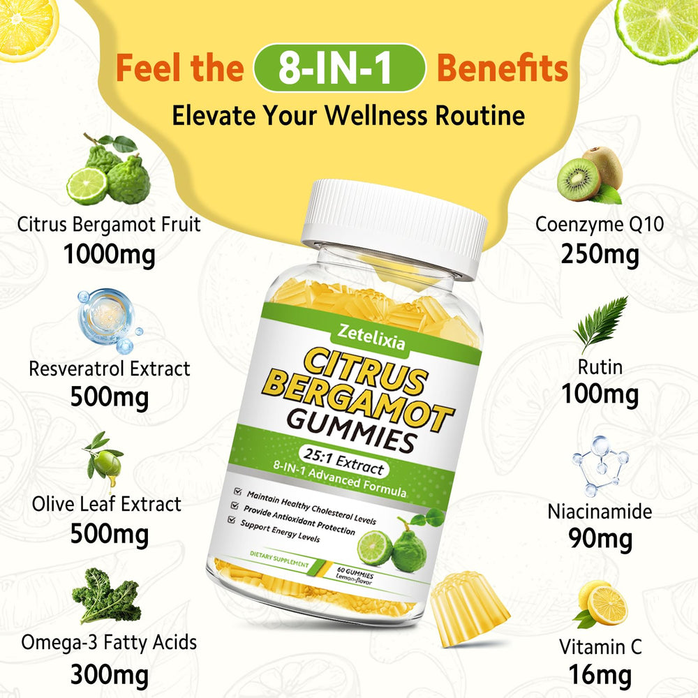 Zetelixia Citrus Bergamot Gummies bottle back with ingredient highlights