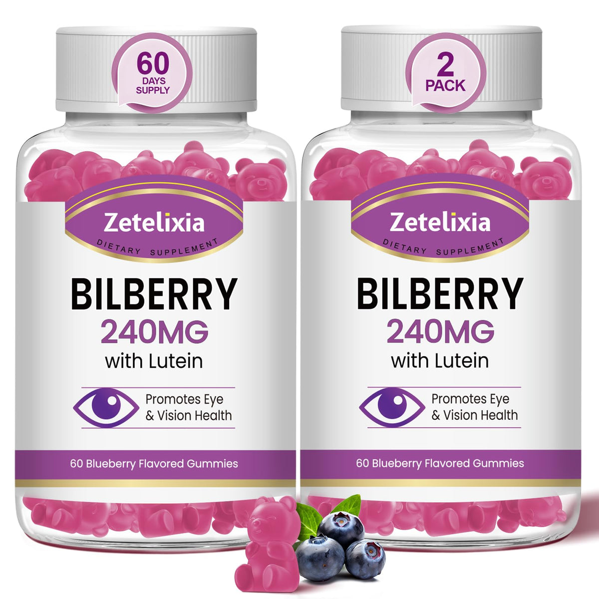 Zetelixia bilberry gummies jar showcasing eye vitamin blend for daily support.