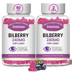 Zetelixia bilberry gummies jar showcasing eye vitamin blend for daily support.