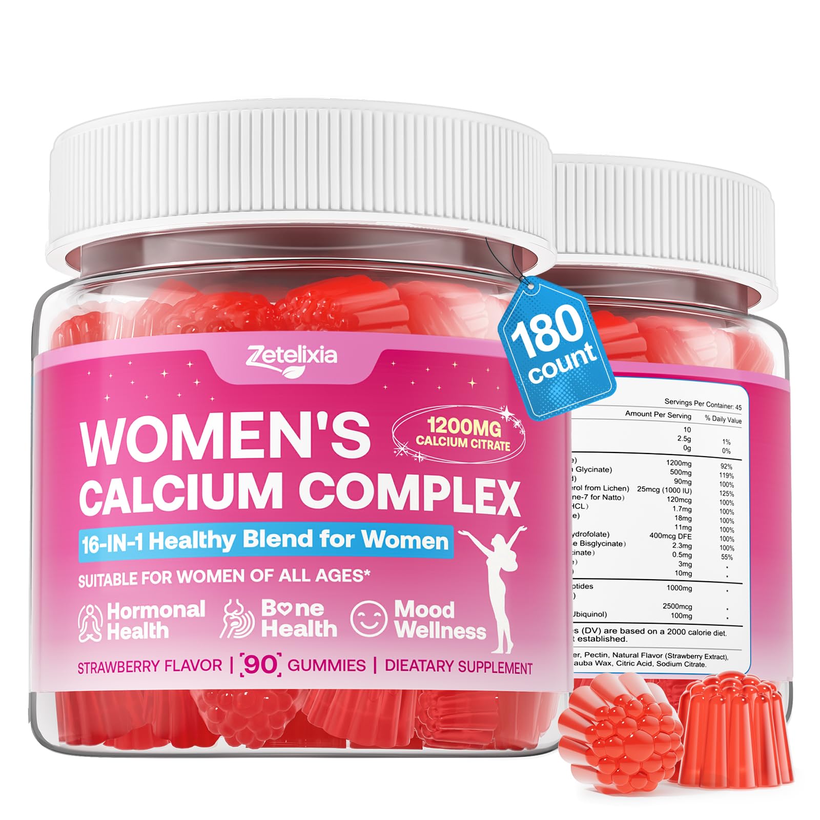 Zetelixia calcium gummies women bottle front with strawberry flavor for everyday use