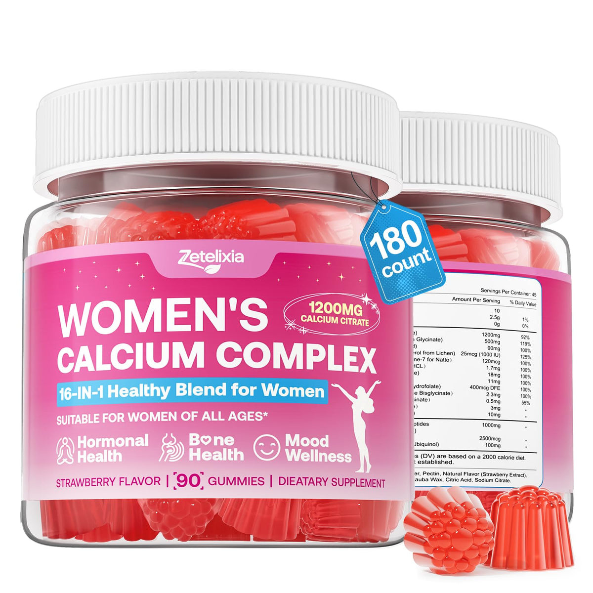 Zetelixia calcium gummies women bottle front with strawberry flavor for everyday use