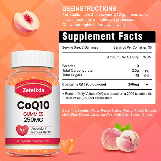 Zetelixia CoQ10 gummies peach bottle open showing easy-to-digest supplement.