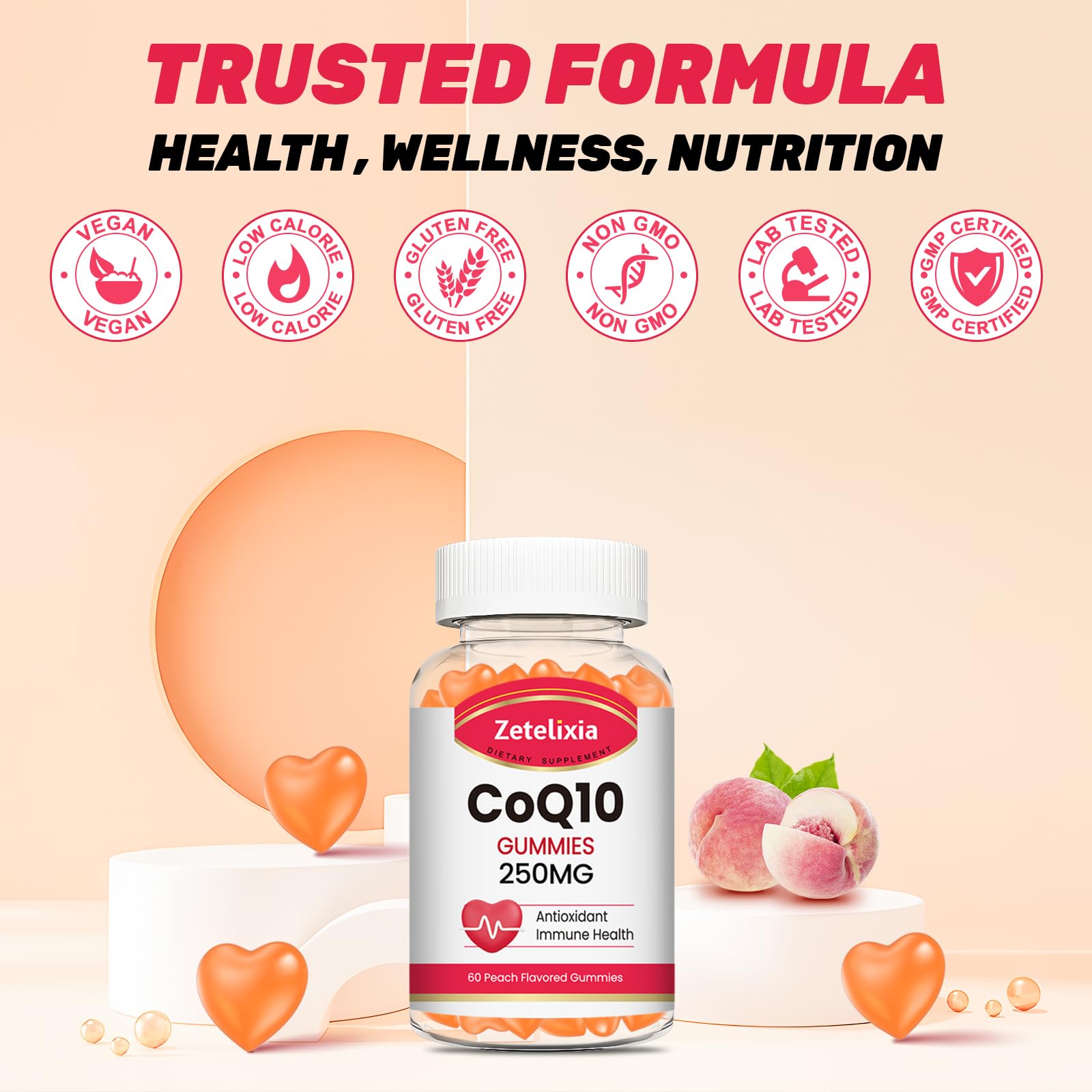 Zetelixia CoQ10 gummies peach packaging on shelf suggests daily use.