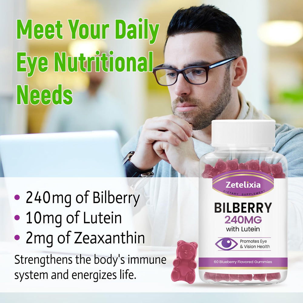 Zetelixia eye health gummies bottle emphasizing convenient daily use.