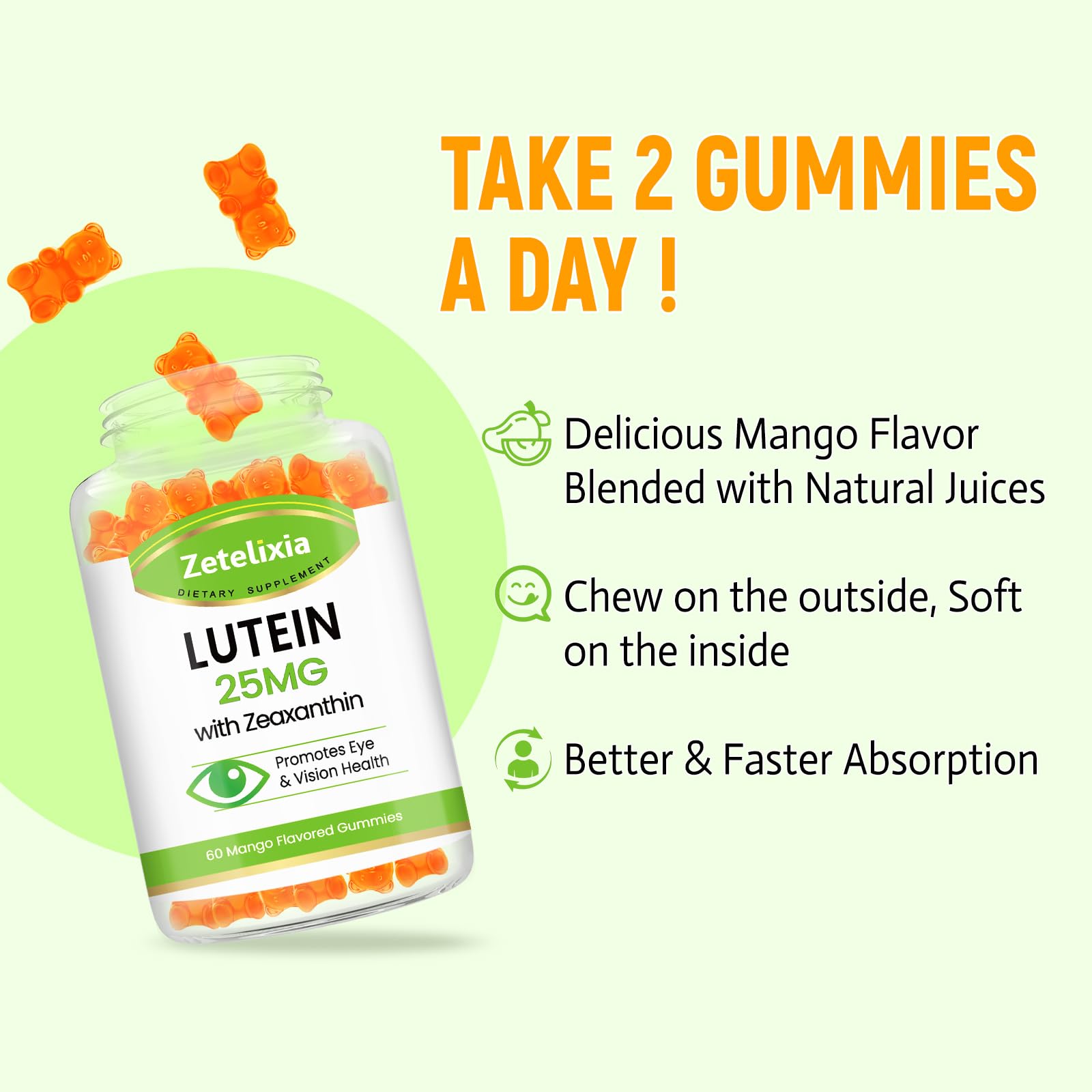 Zetelixia Lutein Gummies blue light protection graphic suggesting reduced strain.
