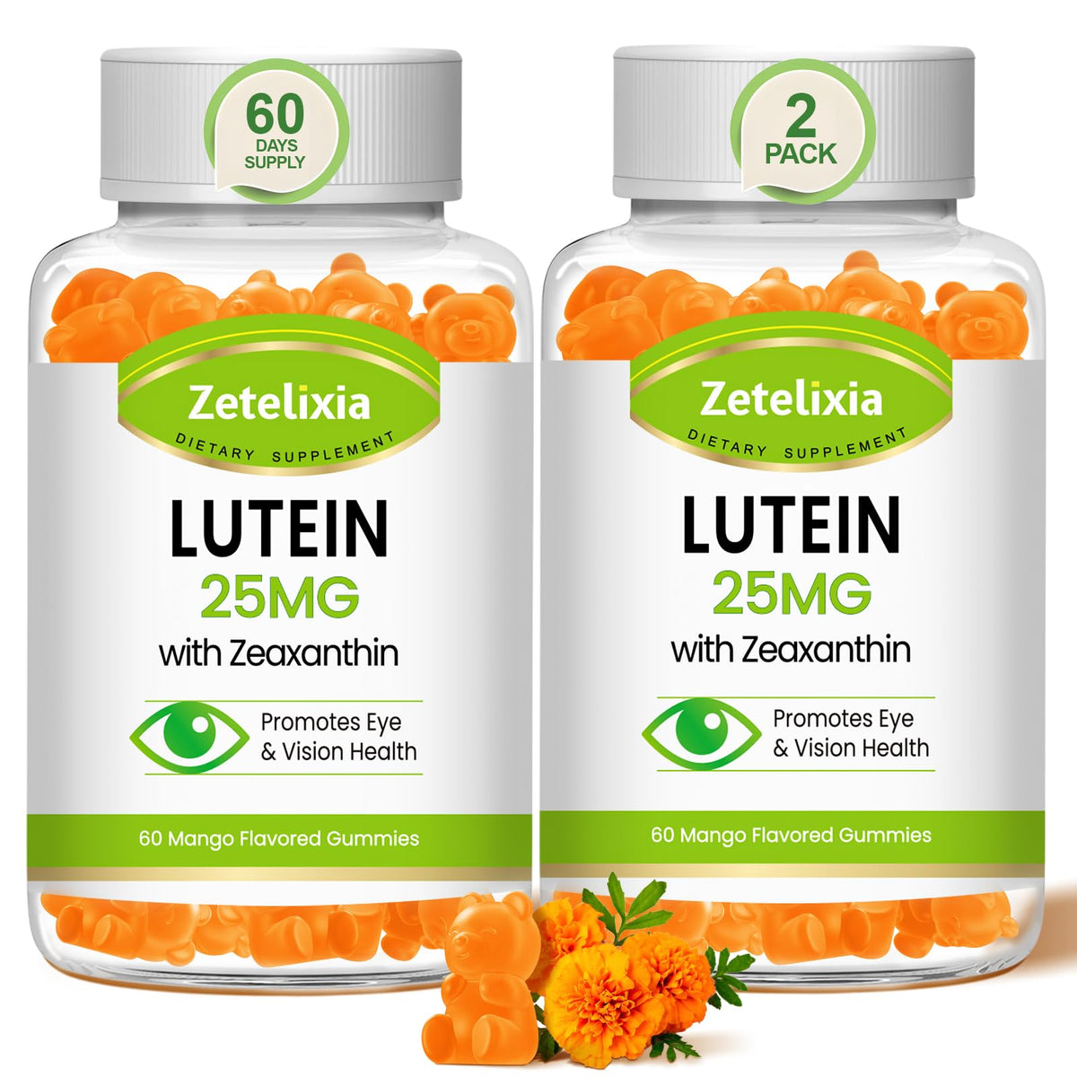 Zetelixia Lutein Gummies bottle front shows mango flavor for daily eye support.