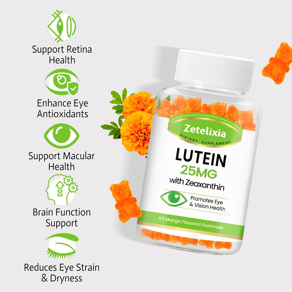 Zetelixia Lutein Gummies close-up of mango flavor emphasizing sugar-free eye care.
