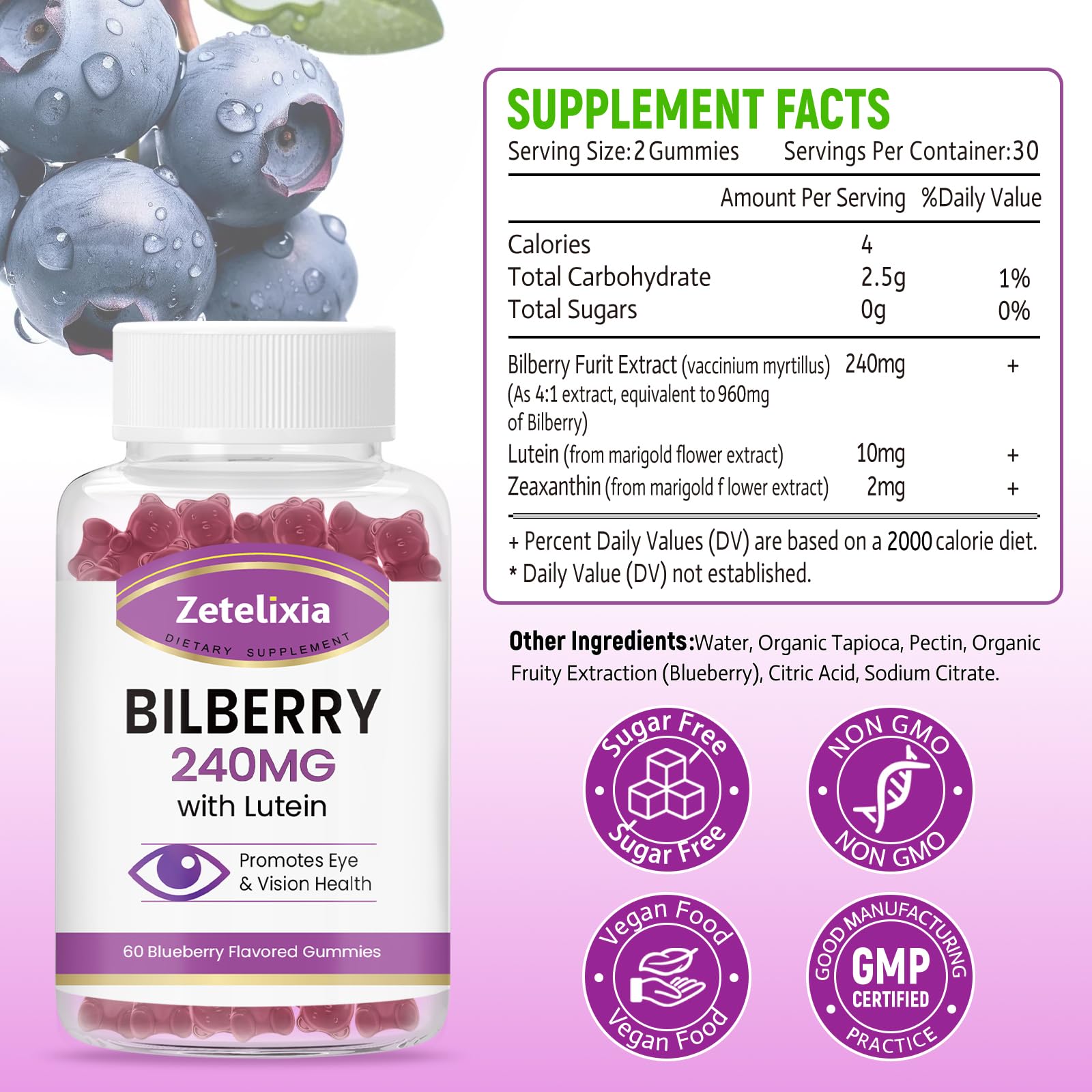 Zetelixia lutein zeaxanthin gummies highlight nutrients for eye comfort.