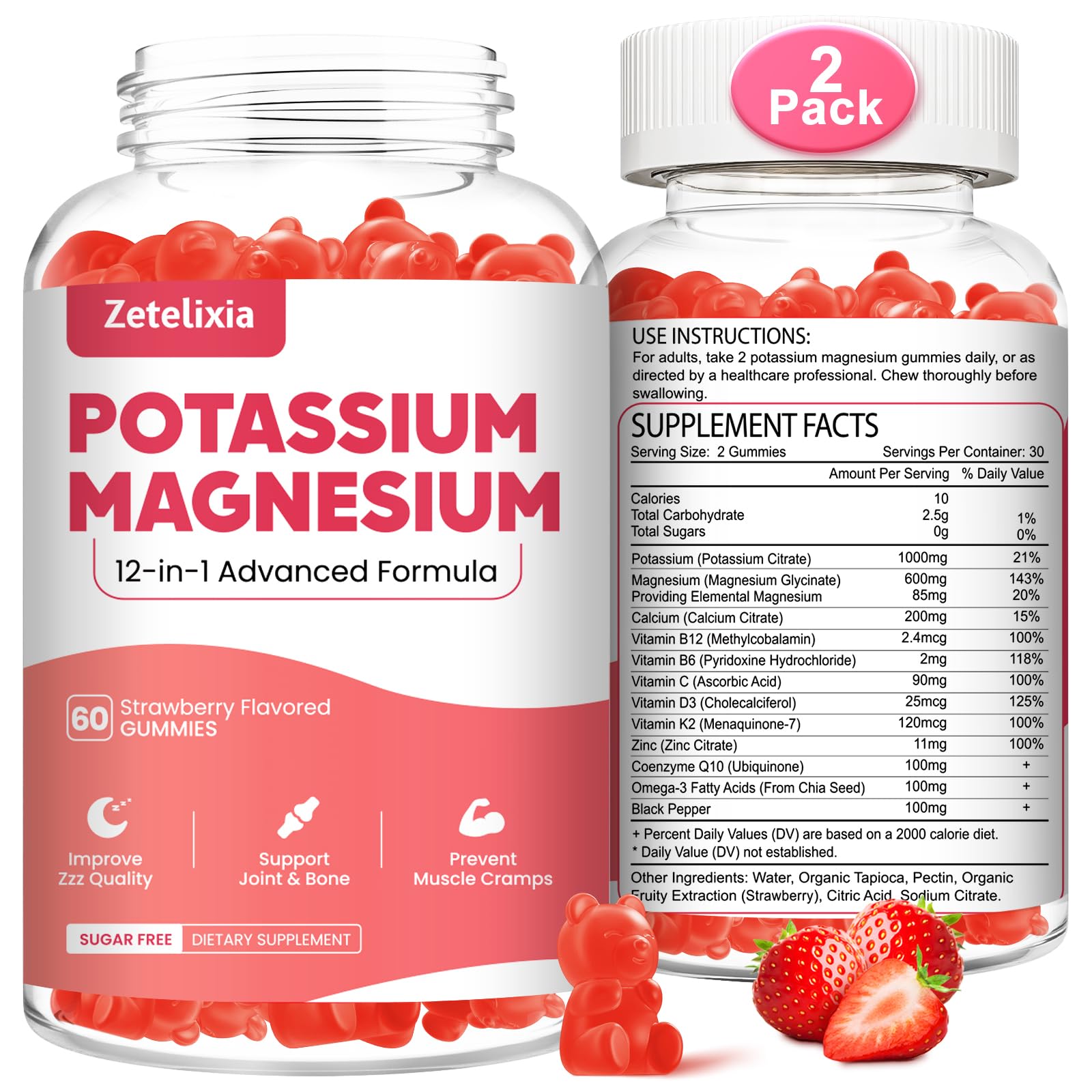 Zetelixia potassium magnesium gummies bottle front view for daily muscle support.