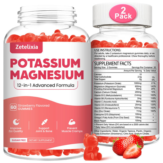 Zetelixia potassium magnesium gummies bottle front view for daily muscle support.