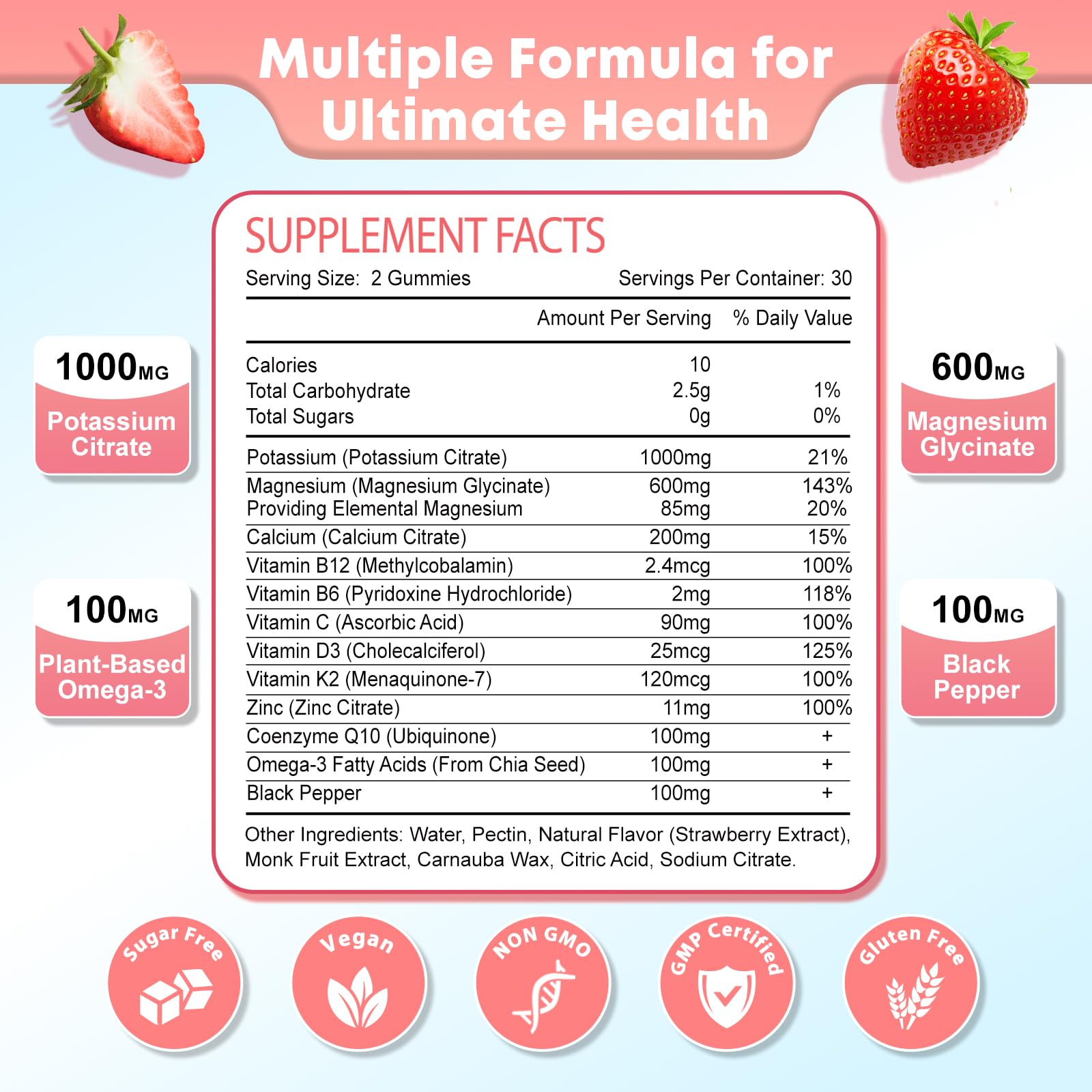 Zetelixia gummies label close-up showing 12 ingredients for wellness.