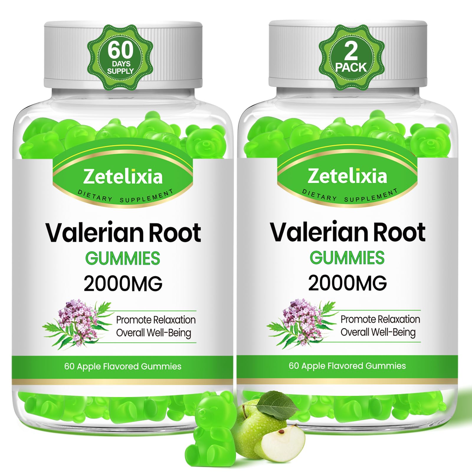 Zetelixia valerian gummies bottle front, highlighting calming relaxation and apple flavor.