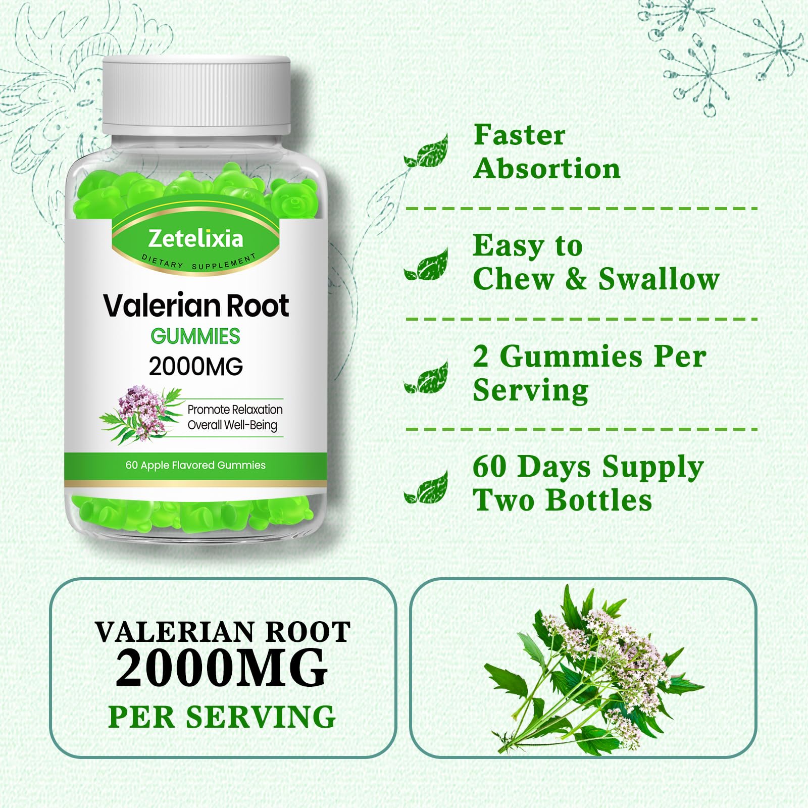 Zetelixia valerian gummies close-up, features vibrant color and natural ingredients.