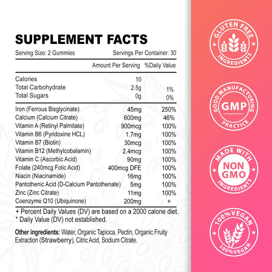Zetelixia vegan iron gummies bottle label close-up highlighting sugar-free formula