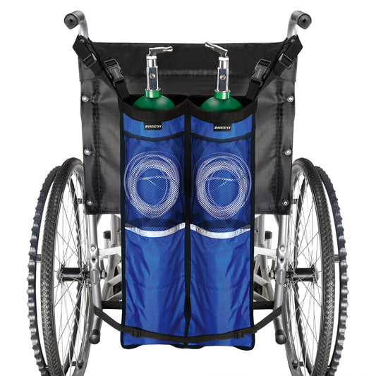 ZHEEYI dual oxygen tank holder on wheelchair in blue, front view.