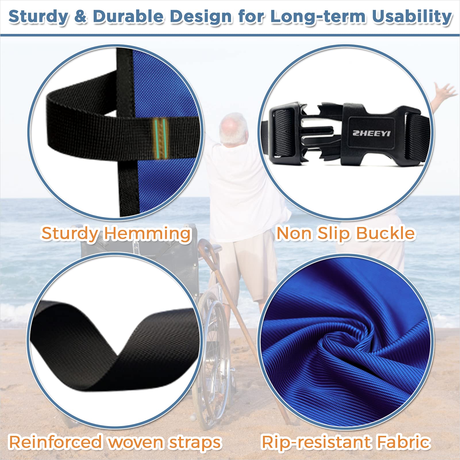 ZHEEYI bag on wheelchair side view with adjustable fit in blue.