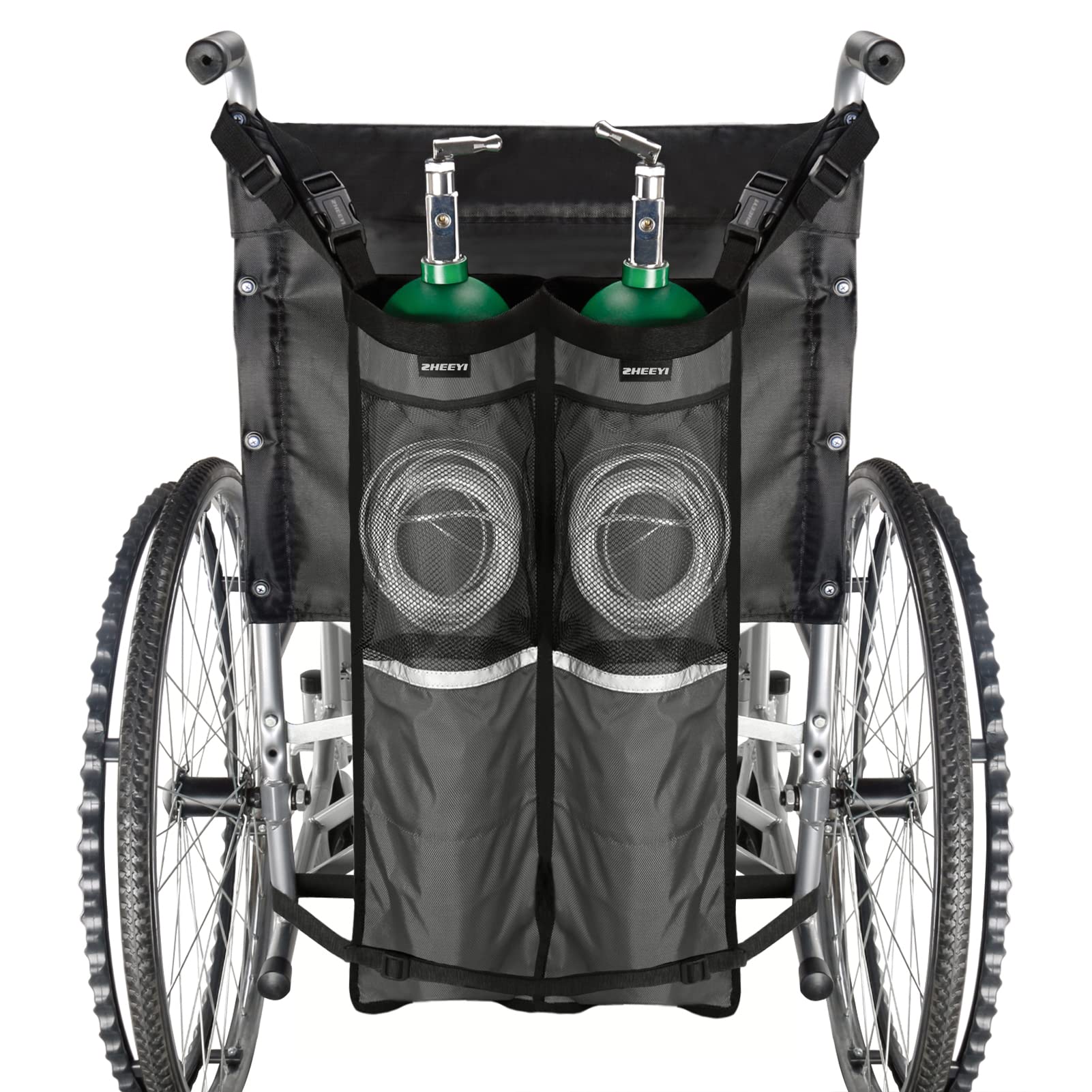 ZHEEYI dual oxygen-tank bag on a wheelchair with a secure strap for easy transport