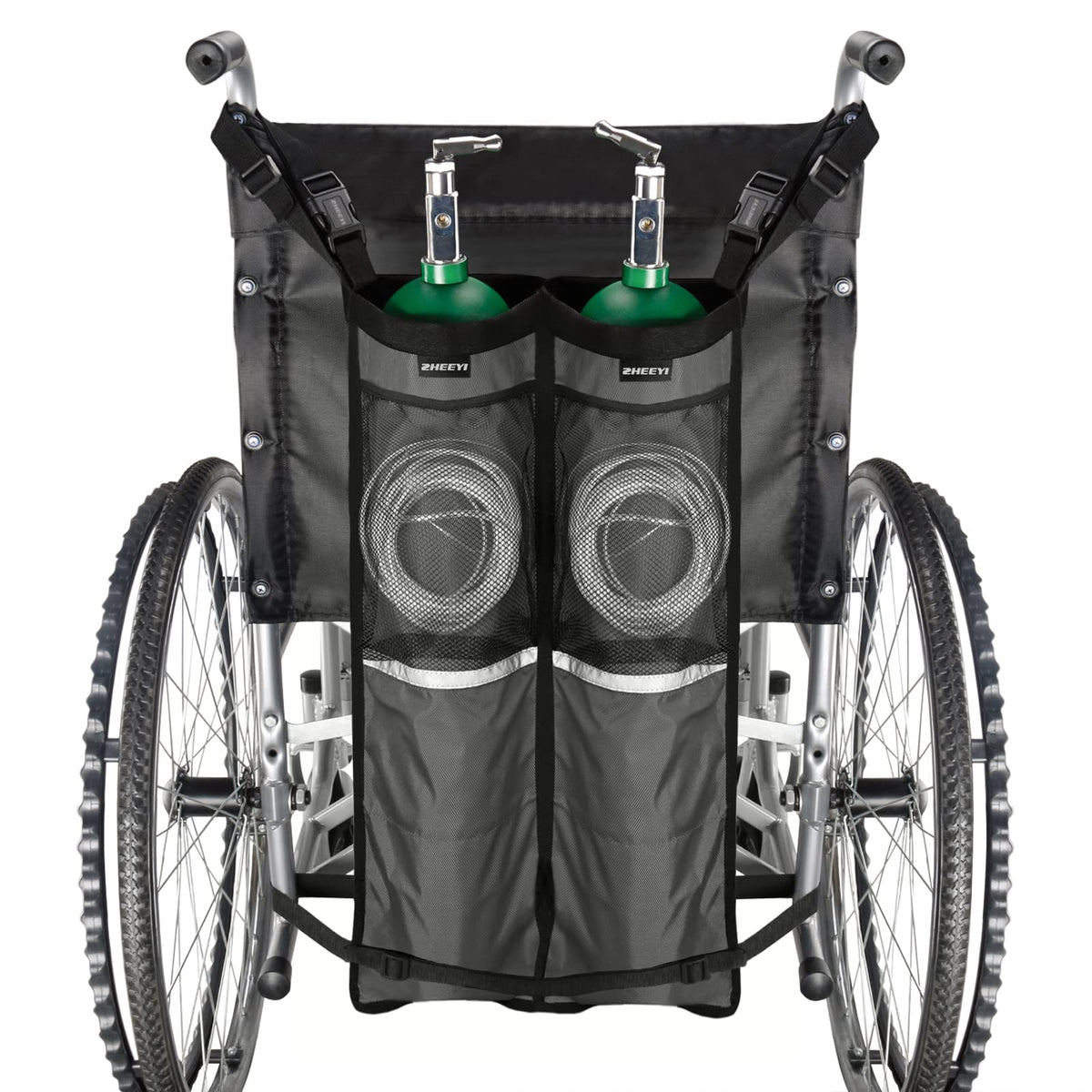 ZHEEYI dual oxygen-tank bag on a wheelchair with a secure strap for easy transport