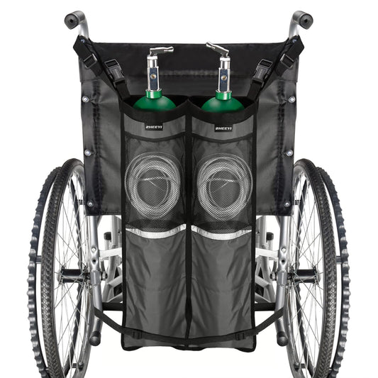 ZHEEYI dual oxygen-tank bag on a wheelchair with a secure strap for easy transport