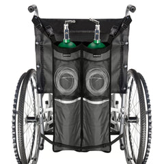 ZHEEYI dual oxygen-tank bag on a wheelchair with a secure strap for easy transport