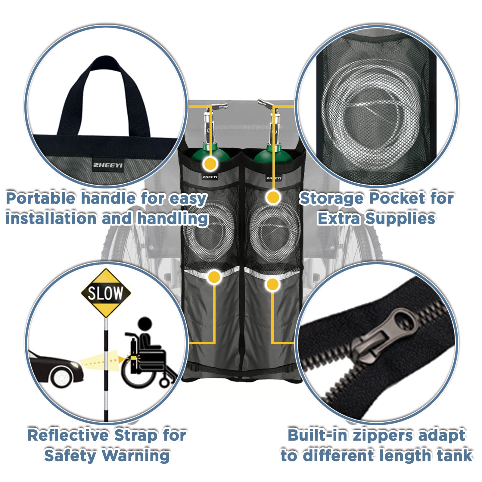 ZHEEYI oxygen-bag top and bottom clasps for secure wheelchair attachment