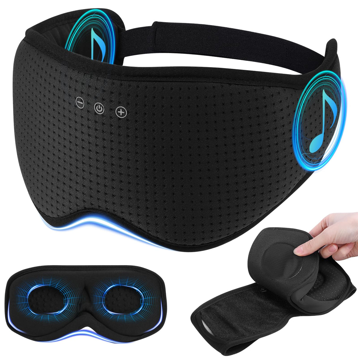 ZHENYEMEI sleep mask with Bluetooth setup for travel listening.