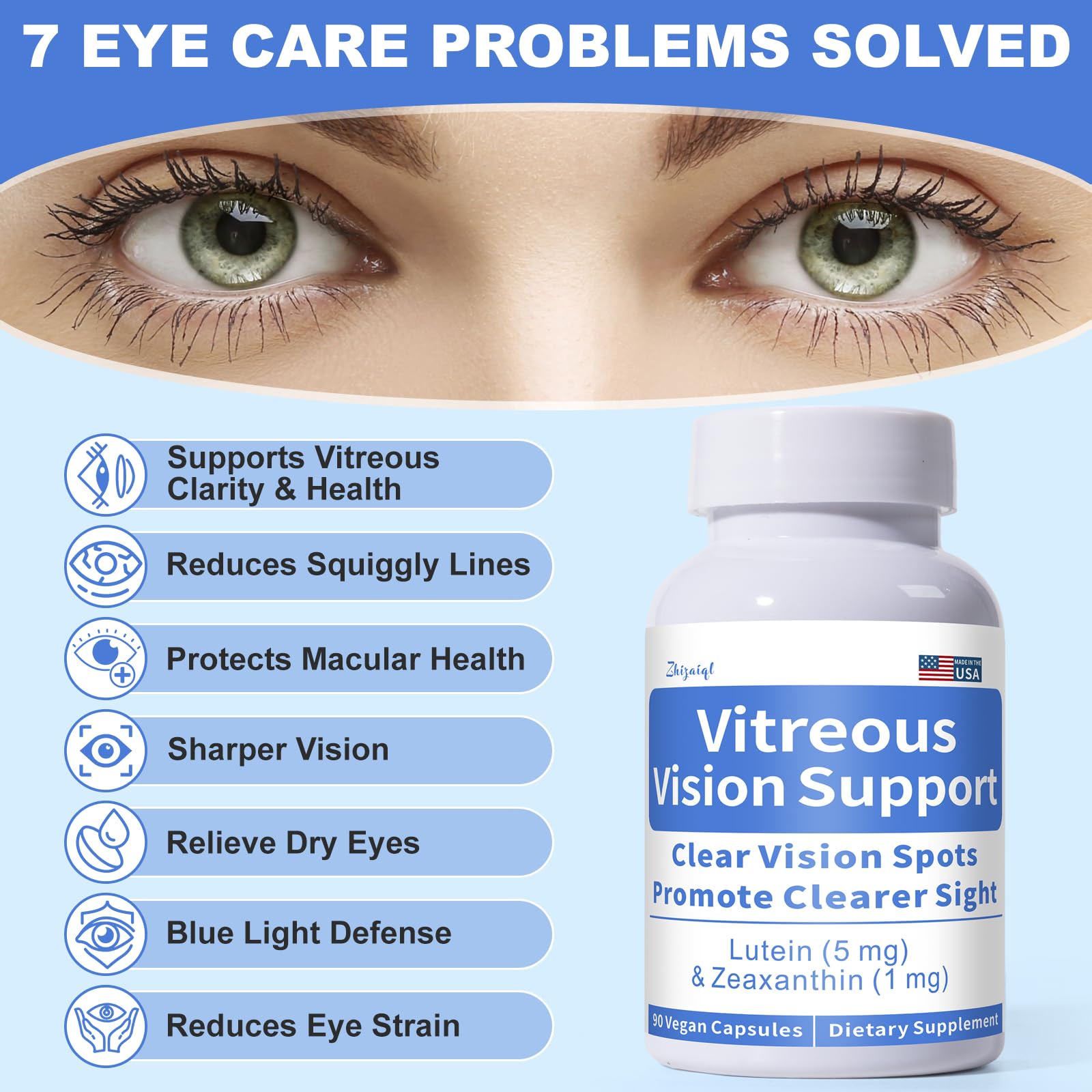 Closeup of Zhizaiql Eye Vitamin capsules highlighting vegan, gluten-free daily formula.