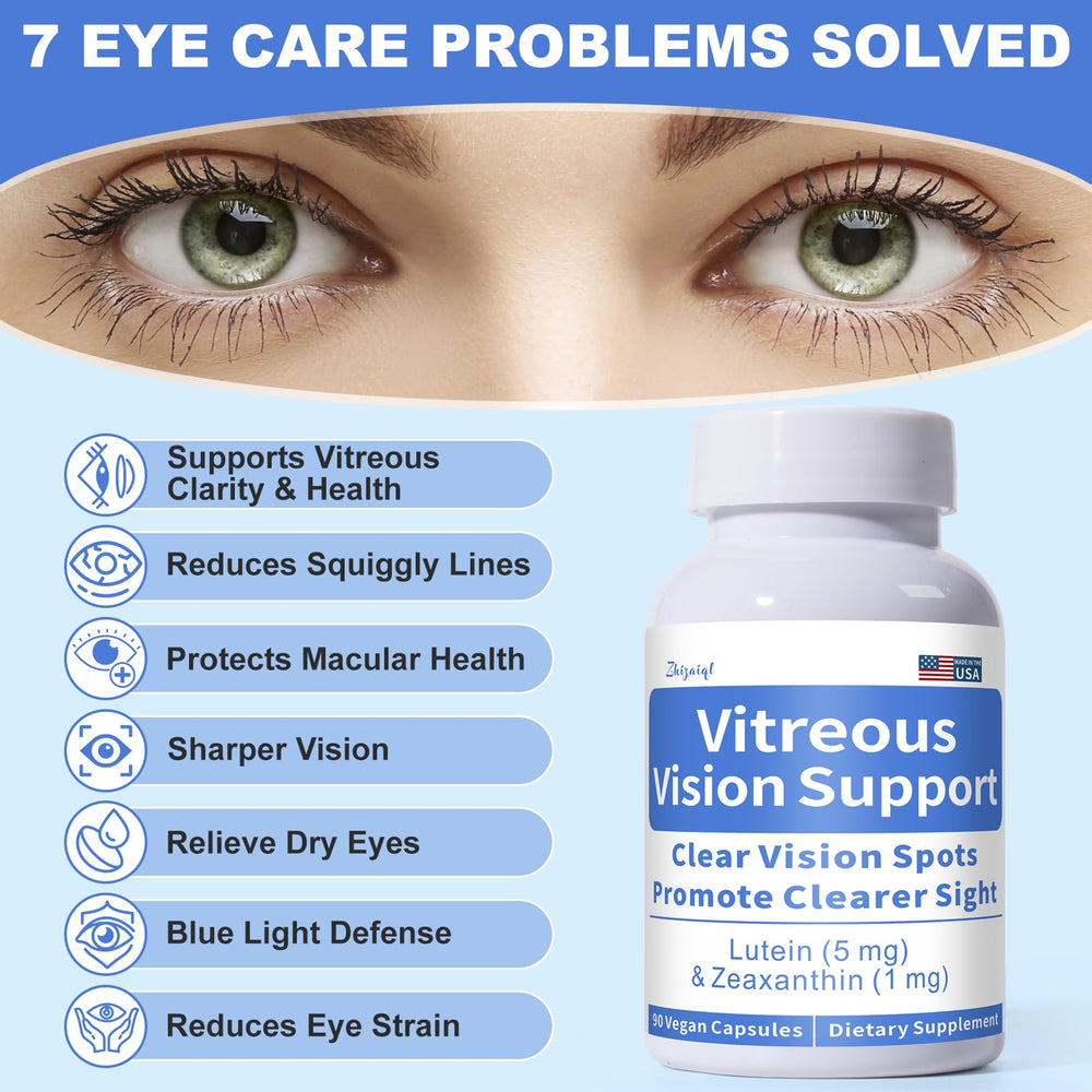 Closeup of Zhizaiql Eye Vitamin capsules highlighting vegan, gluten-free daily formula.