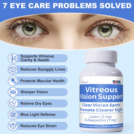 Closeup of Zhizaiql Eye Vitamin capsules highlighting vegan, gluten-free daily formula.