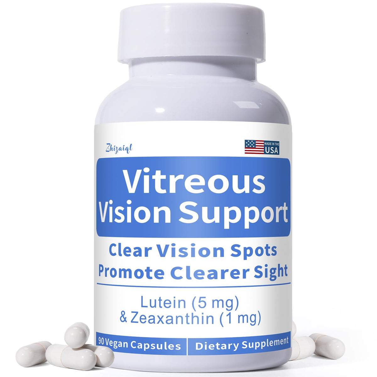 Zhizaiql Eye Vitamin bottle showing lutein and zeaxanthin for vitreous clarity.