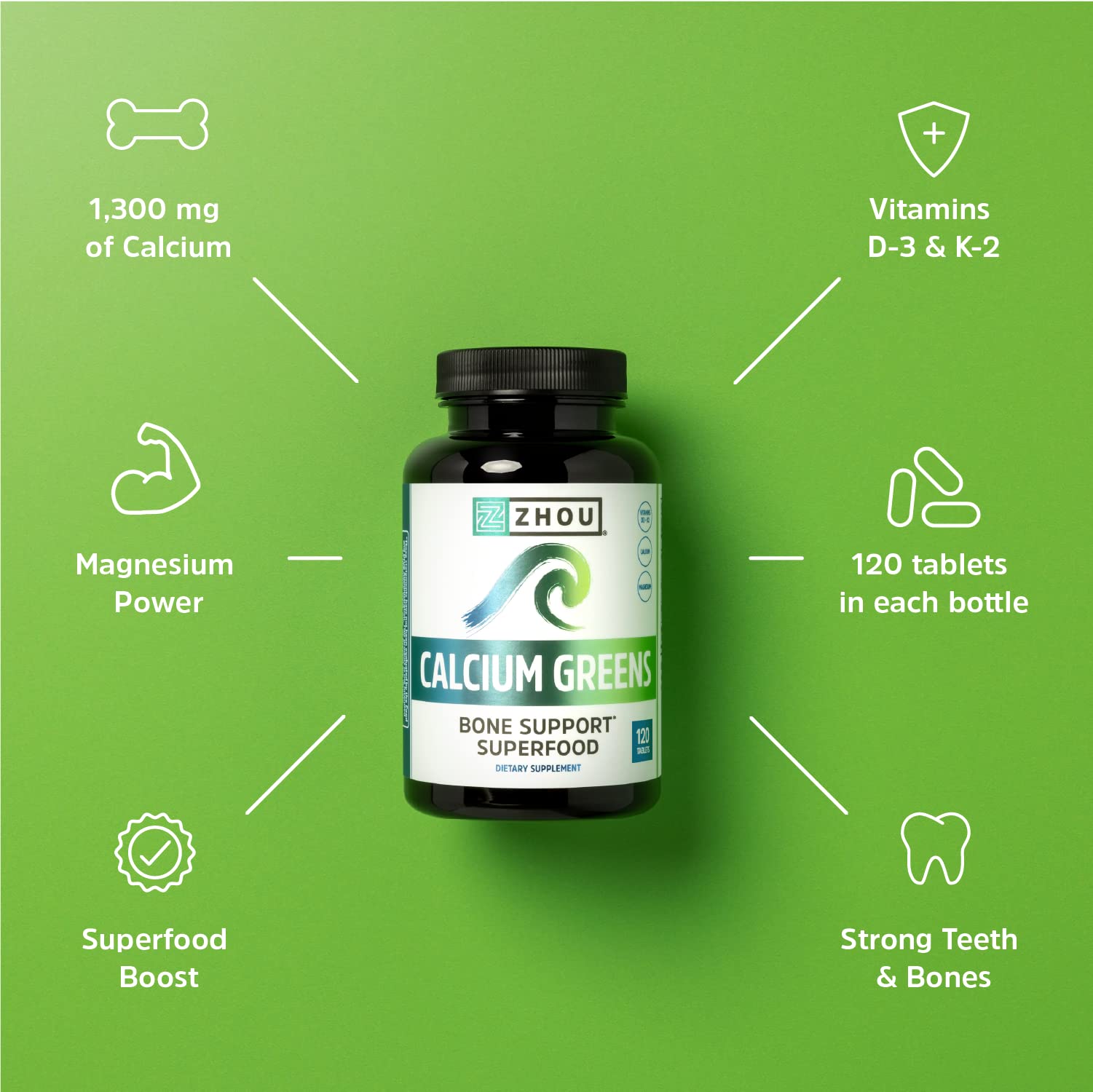Zhou Calcium Greens label highlights vitamin D3 and K2 for calcium use.