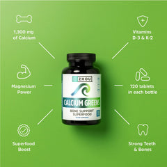 Zhou Calcium Greens label highlights vitamin D3 and K2 for calcium use.