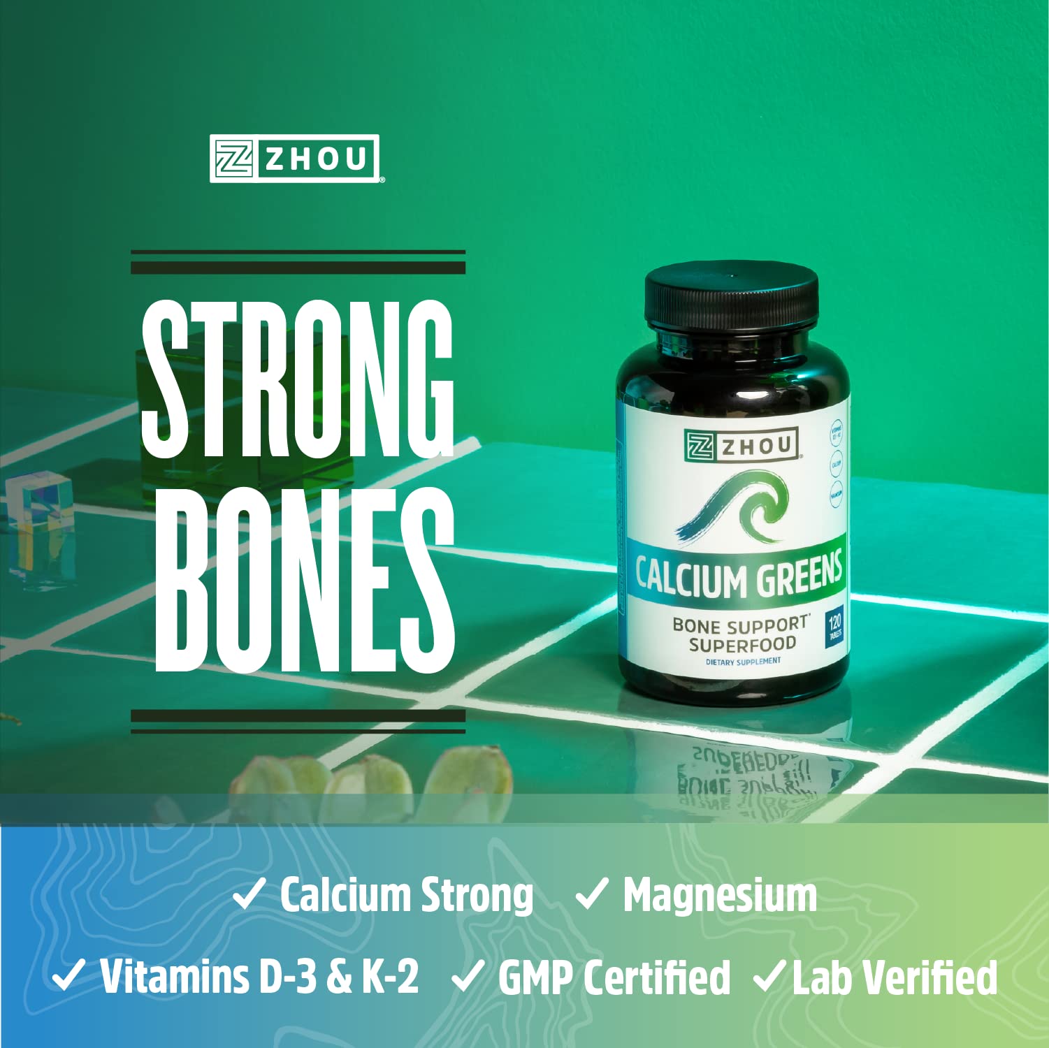 Zhou Calcium Greens greens blend with spirulina and barley grass for natural nutrition.