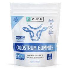 ZHOU Colostrum Gummies jar front highlighting raspberry flavor for convenient daily nourishment.