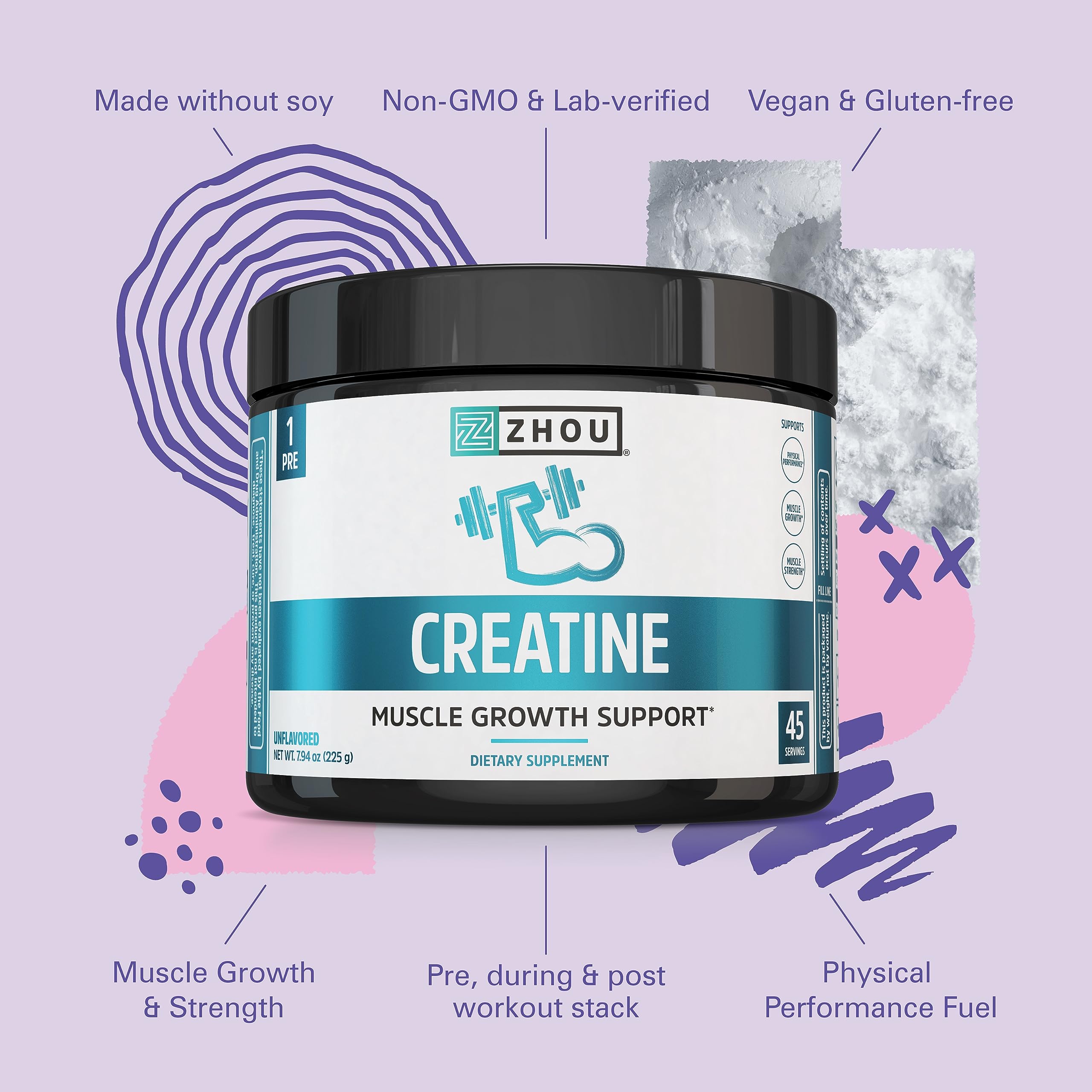 ZHOU Creatine vegan, non-GMO, gluten-free label with clean ingredients