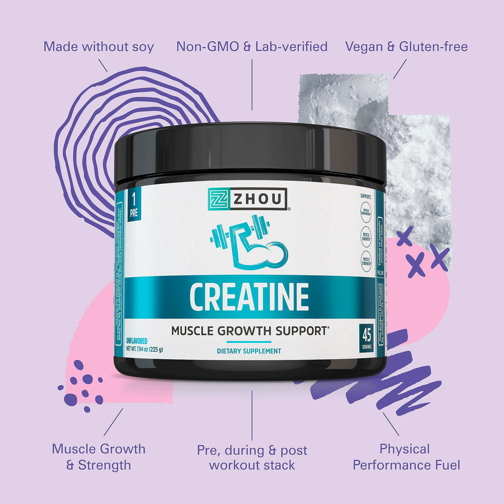 ZHOU Creatine vegan, non-GMO, gluten-free label with clean ingredients