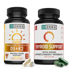 Zhou D3 + K2 bottle front, showing daily immune support potential.