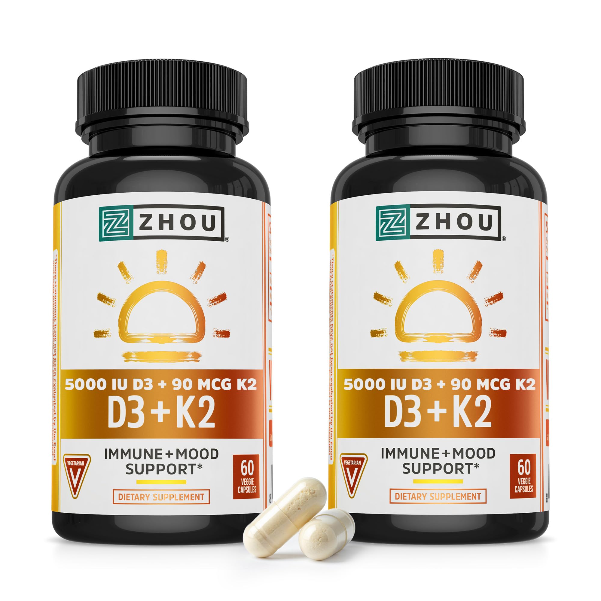 ZHOU D3+K2 bottle front showing vegan capsules for immune support