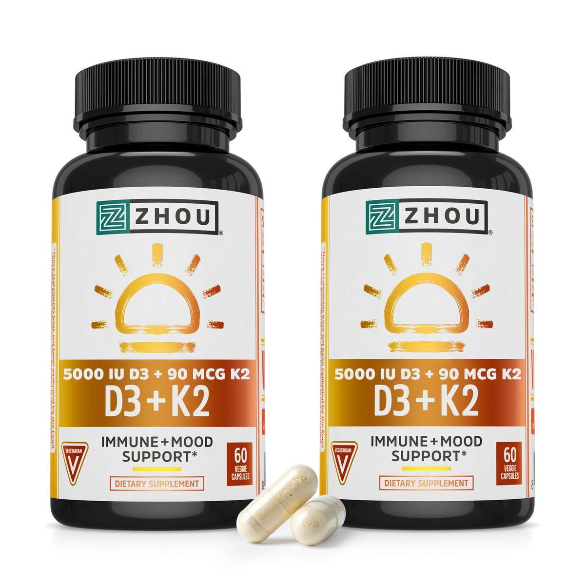 ZHOU D3+K2 bottle front showing vegan capsules for immune support